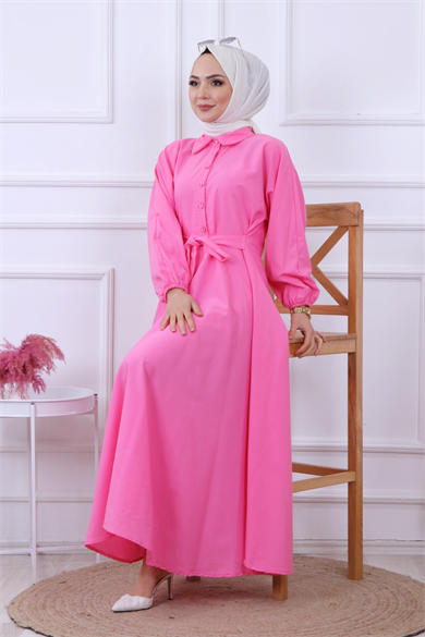 Yarıya Kadar Düğme Detaylı Elbise Pembe
