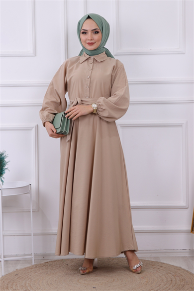 Yarıya Kadar Düğme Detaylı Elbise Vizon