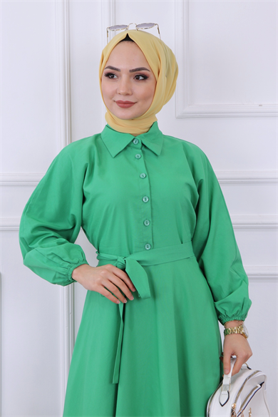 Yarıya Kadar Düğme Detaylı Elbise Yeşil