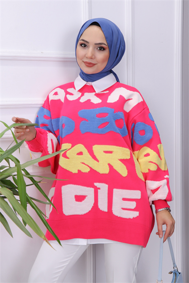 Yazı Detaylı Triko Tunik Fuşya