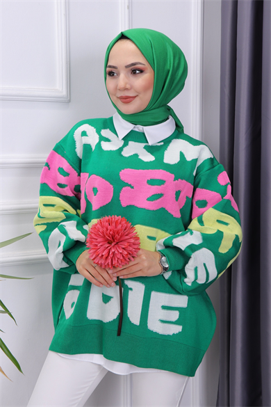 Yazı Detaylı Triko Tunik Yeşil