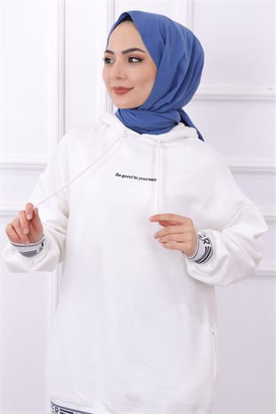 Yazı Detaylı Üç İplik Kumaş Tunik Beyaz