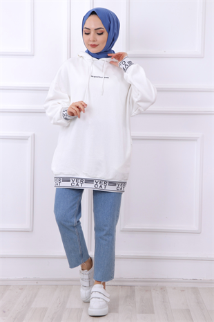 Yazı Detaylı Üç İplik Kumaş Tunik Beyaz