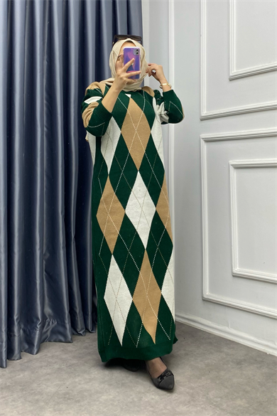 Yeşil Camel Baklava Desen Triko Elbise