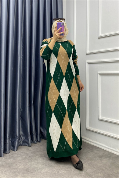 Yeşil Camel Baklava Desen Triko Elbise