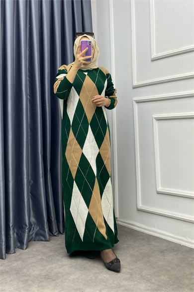 Yeşil Camel Baklava Desen Triko Elbise