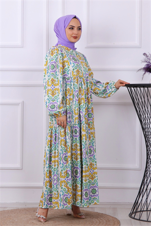 Yeşil Mor Desenli Elbise