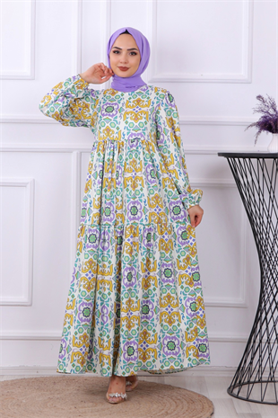 Yeşil Mor Desenli Elbise