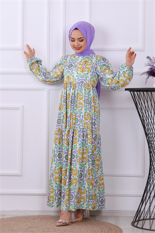 Yeşil Mor Desenli Elbise