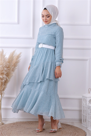 Yeşil Puantiyeli Geometrik Model Elbise