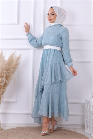 Yeşil Puantiyeli Geometrik Model Elbise