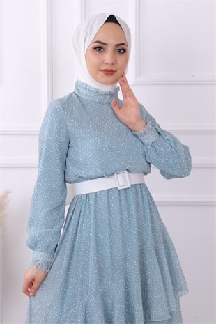 Yeşil Puantiyeli Geometrik Model Elbise