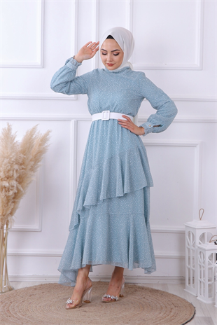 Yeşil Puantiyeli Geometrik Model Elbise