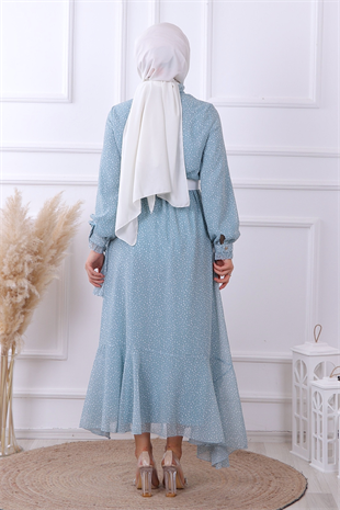 Yeşil Puantiyeli Geometrik Model Elbise