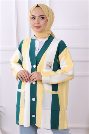 Yeşil Sarı Beyaz Çizgili Hırka-