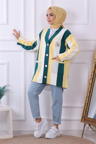 Yeşil Sarı Beyaz Çizgili Hırka-