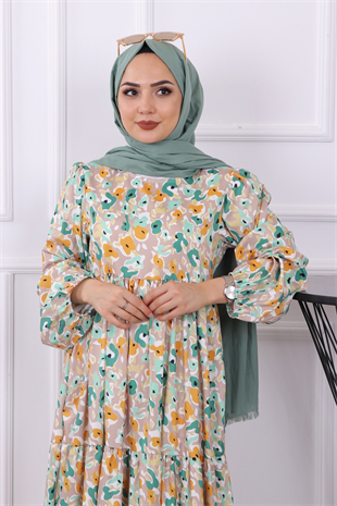 Yeşil Vizon Desenli Elbise