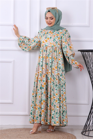 Yeşil Vizon Desenli Elbise