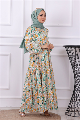 Yeşil Vizon Desenli Elbise