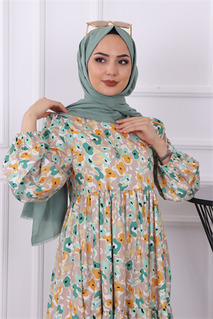 Yeşil Vizon Desenli Elbise