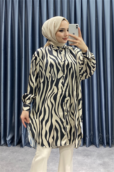 Zebra Desen Saten Tunik Siyah
