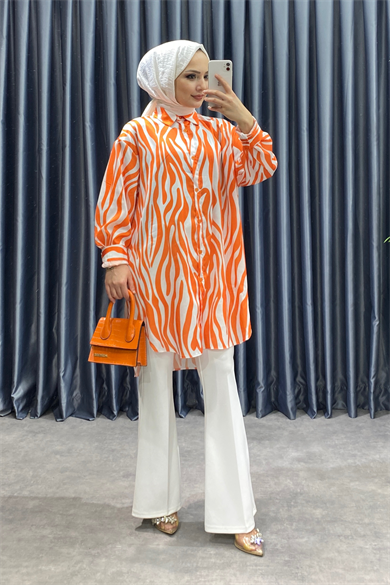 Zebra Desen Saten Tunik Turuncu