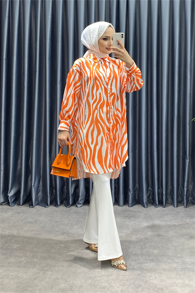 Zebra Desen Saten Tunik Turuncu