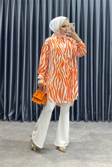 Zebra Desen Saten Tunik Turuncu