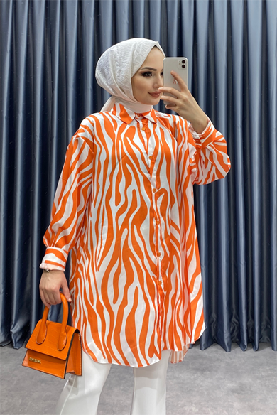 Zebra Desen Saten Tunik Turuncu