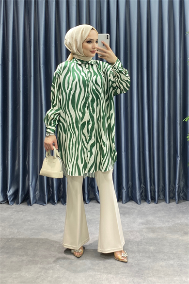 Zebra Desen Saten Tunik Yeşil