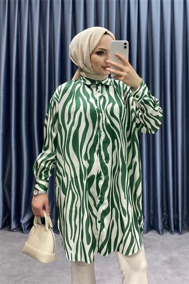 Zebra Desen Saten Tunik Yeşil