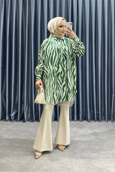 Zebra Desen Saten Tunik Yeşil