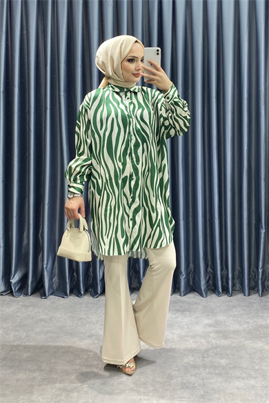 Zebra Desen Saten Tunik Yeşil