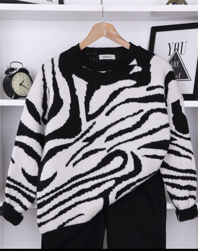 Zebra Desen Triko Kazak
