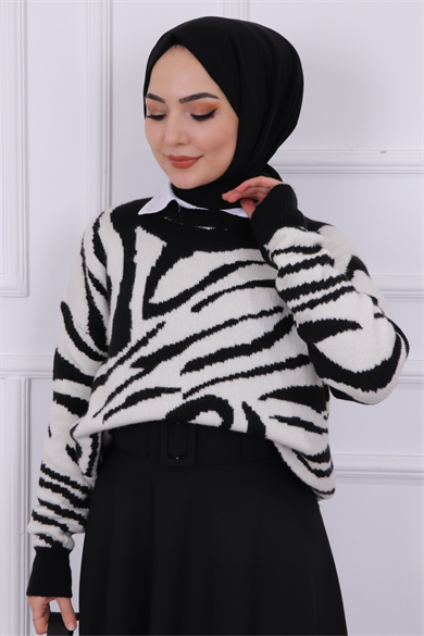 Zebra Desen Triko Kazak