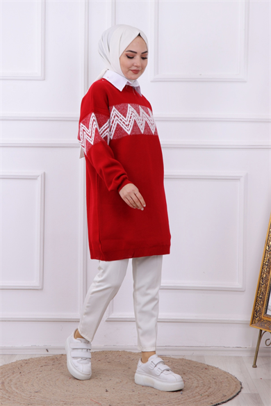 Zikzak Sakallı Tunik Kırmızı