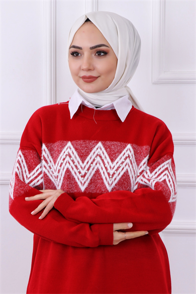 Zikzak Sakallı Tunik Kırmızı