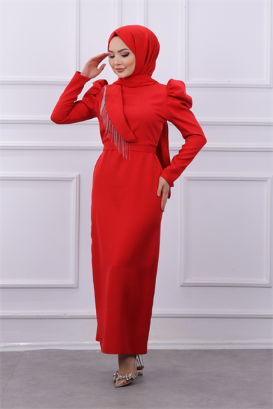 Zincir Detaylı Elbise Kırmızı