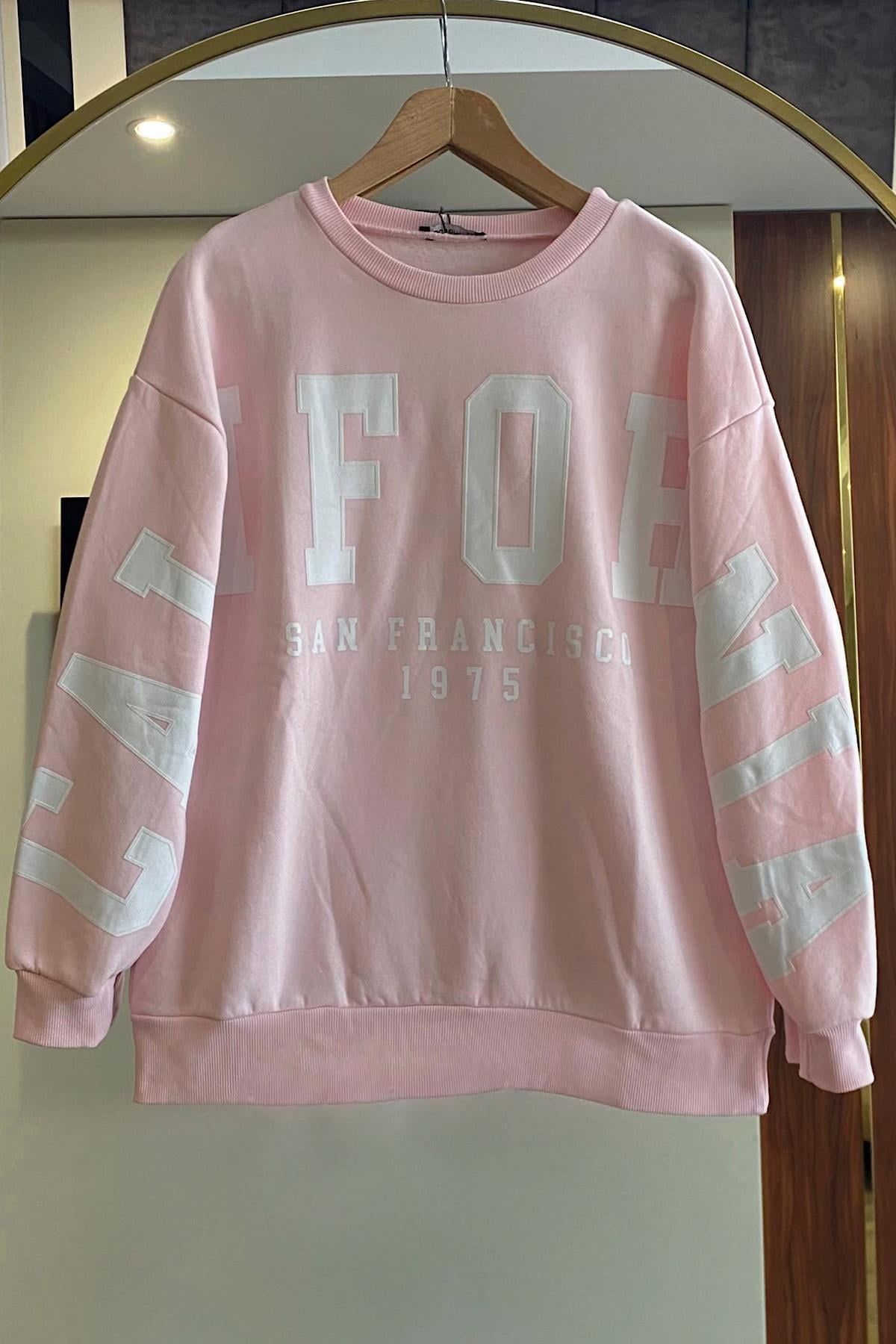  Önü California Yazılı üç iplik sweat toz pembe 