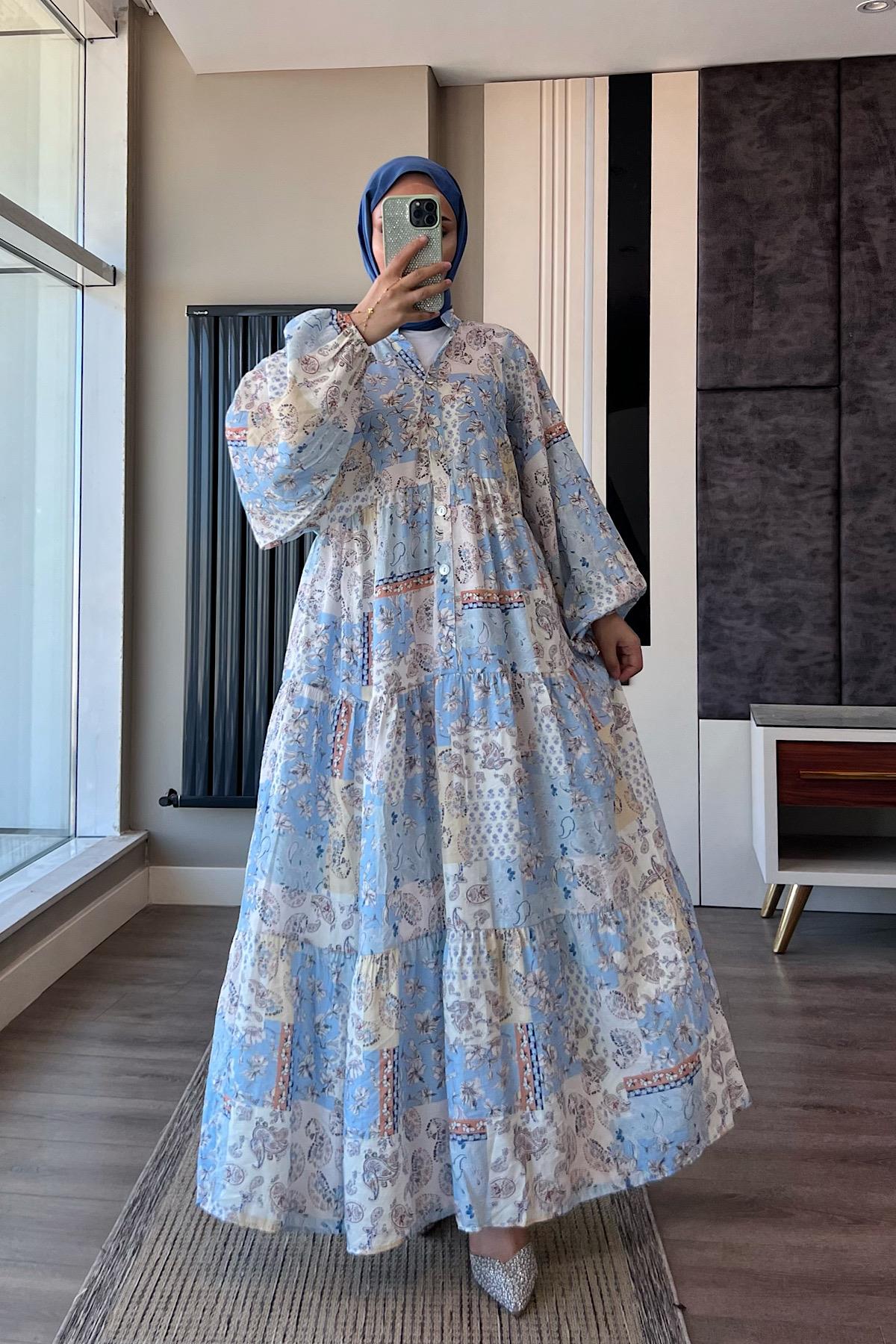 Yarım Patlı Desenli Elbise MaviDubaiShowroomELBİSELER01551-MAVİ