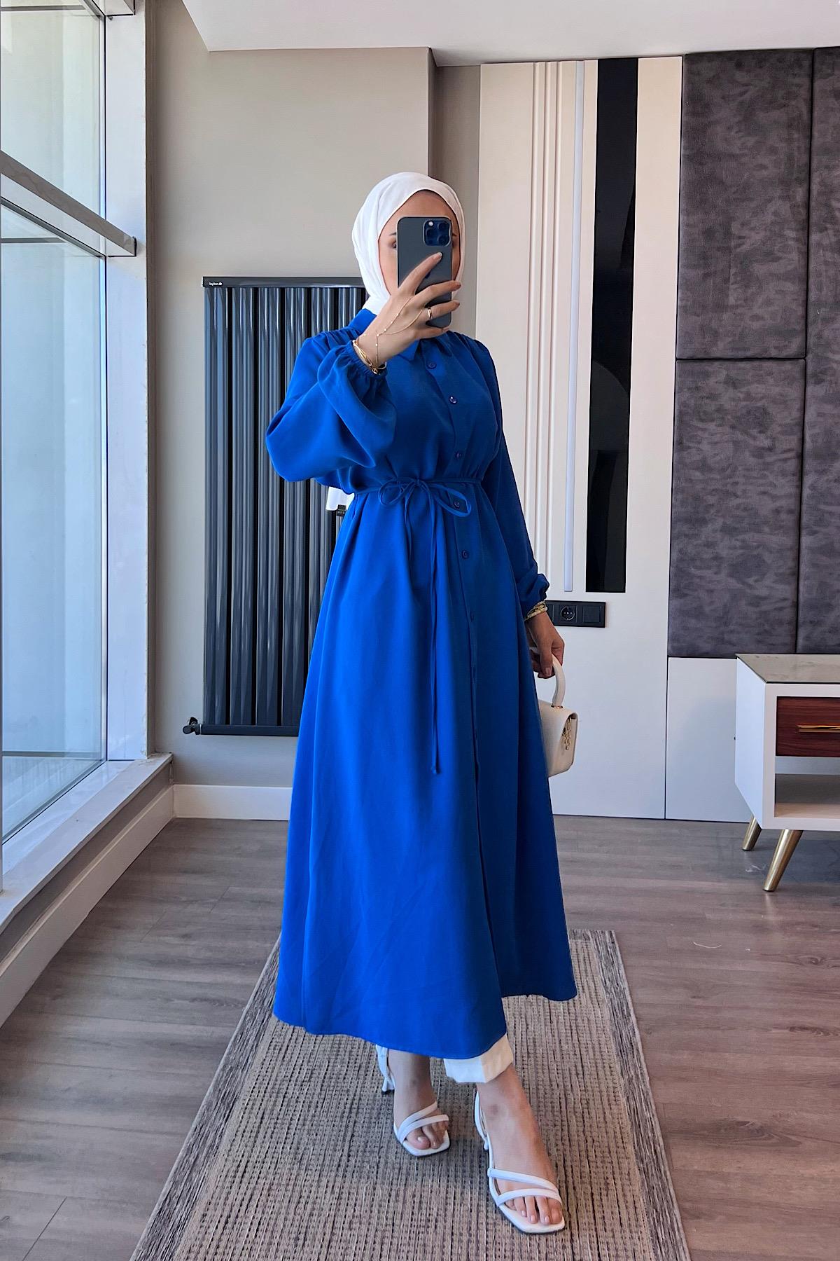 Omuz Pile Detay Düğmeli Tunik Saks MavisiDubaiShowroomÜST GİYİM05584-sksmav