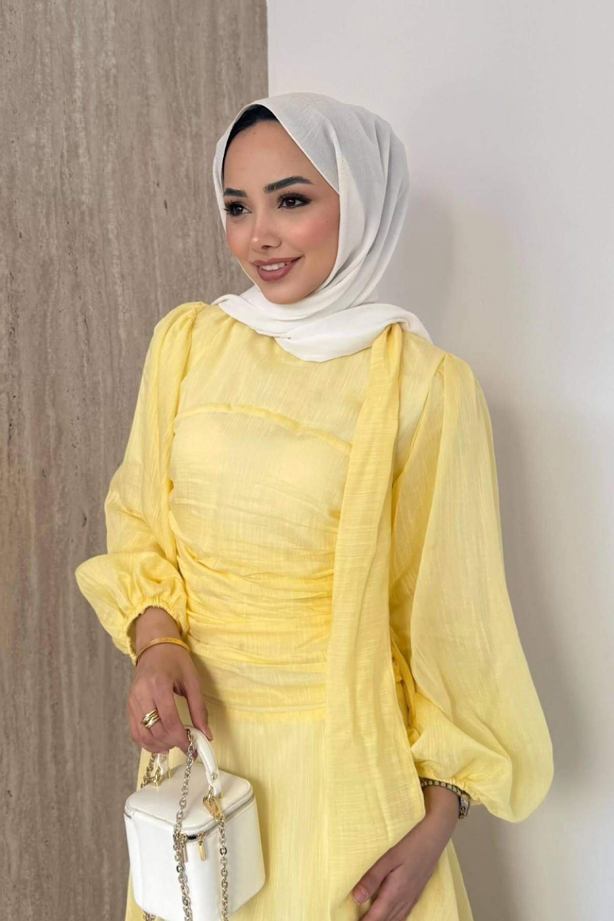 Belden Oturtmalı Elbise sarıDubaiShowroomELBİSELER01914