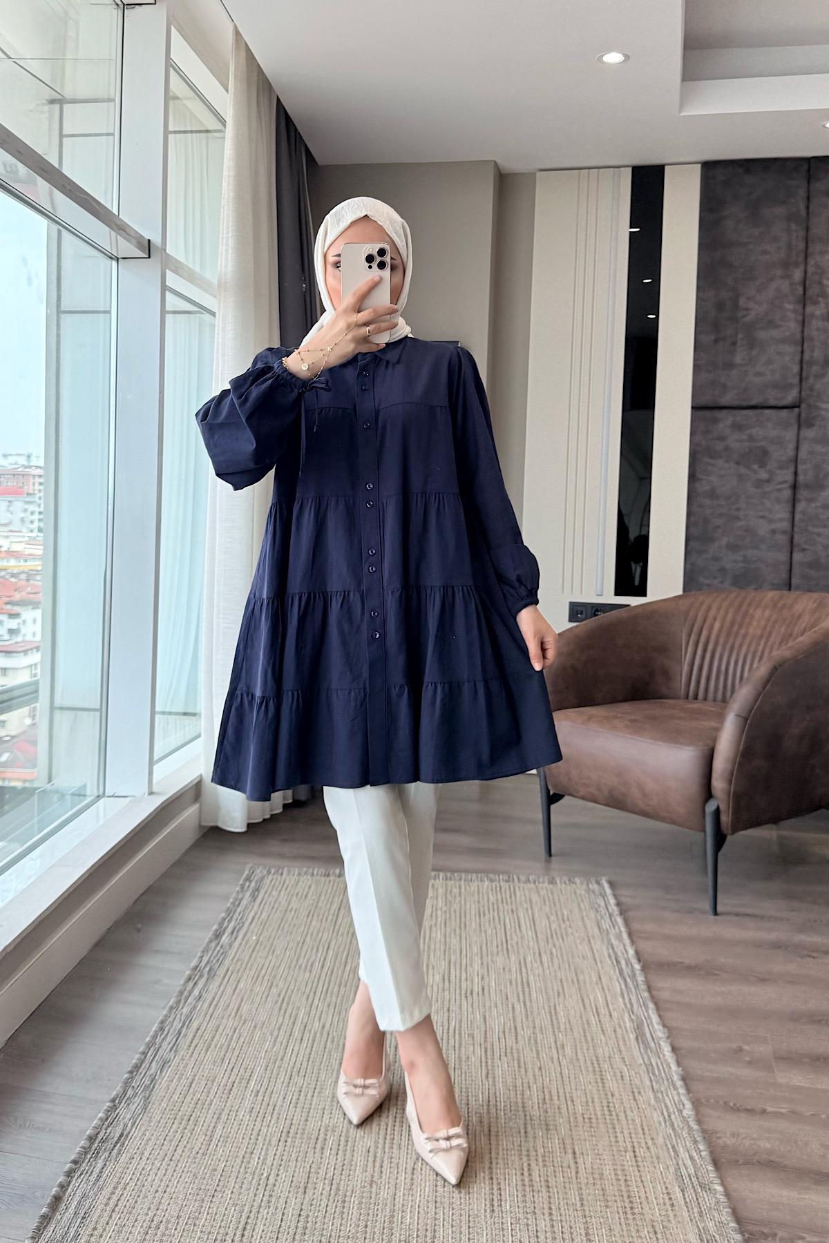 Beş kat fırfırlı kolu bağlamalı tunik lacivert DubaiShowroomÜST GİYİM1959