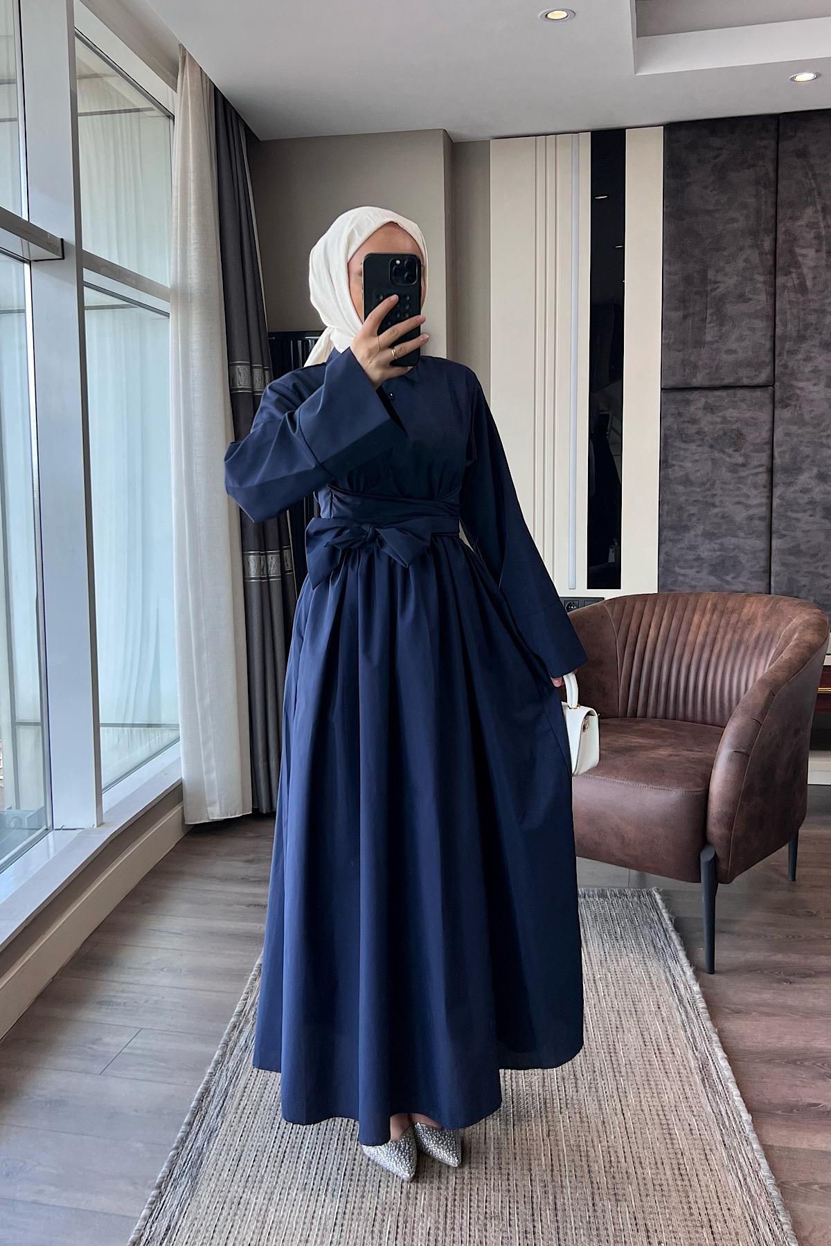 Bağlama Detaylı Poplin Elbise Lacivert DubaiShowroomELBİSELER01045