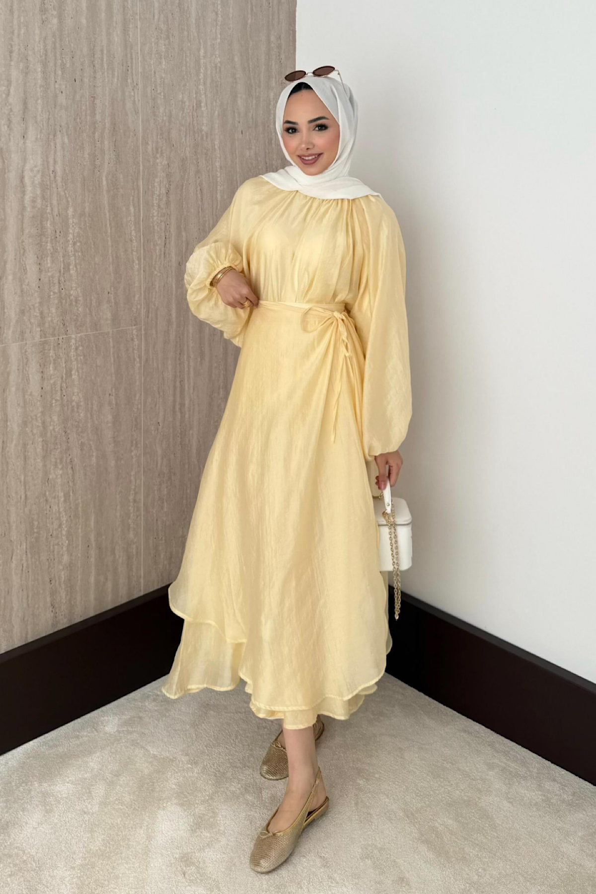 Balon kol Üçlü Etekli Takım SarıDubaiShowroomTAKIM23831