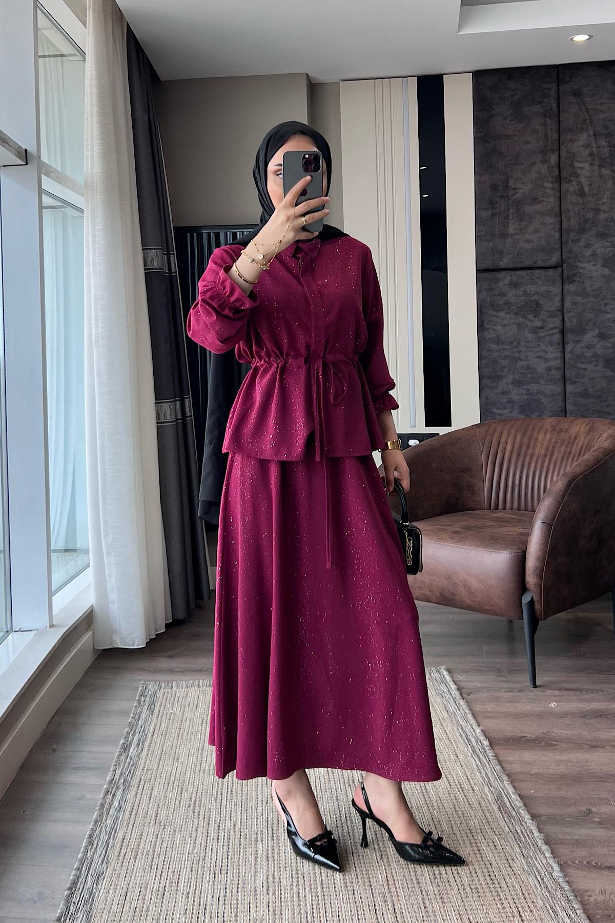 Beli tünelli simli ikili takım DubaiShowroomTAKIM01952