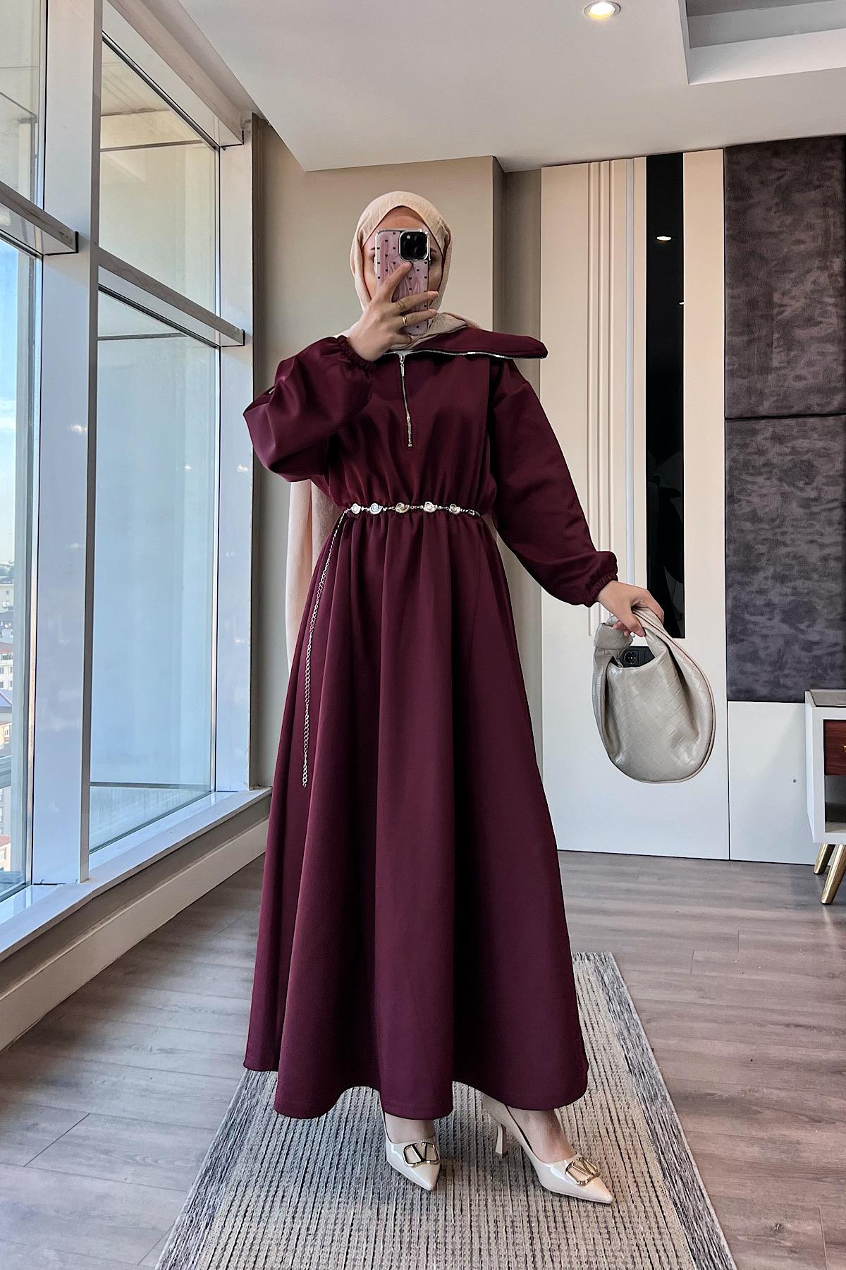 Yakası Geniş Skuba Elbise BordoDubaiShowroomELBİSELER01053