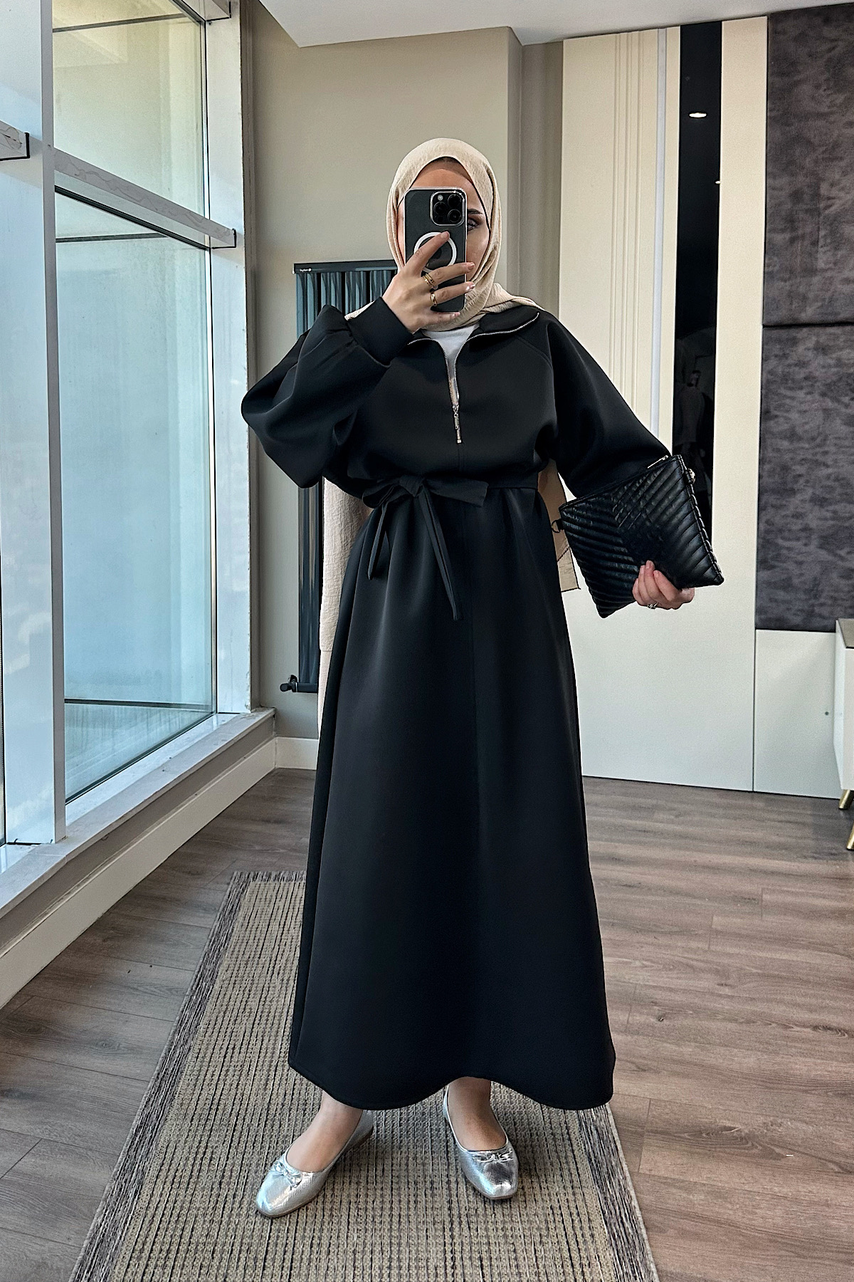 Yakası Fermuarlı Skuba Elbise SiyahDubaiShowroomELBİSELER00970