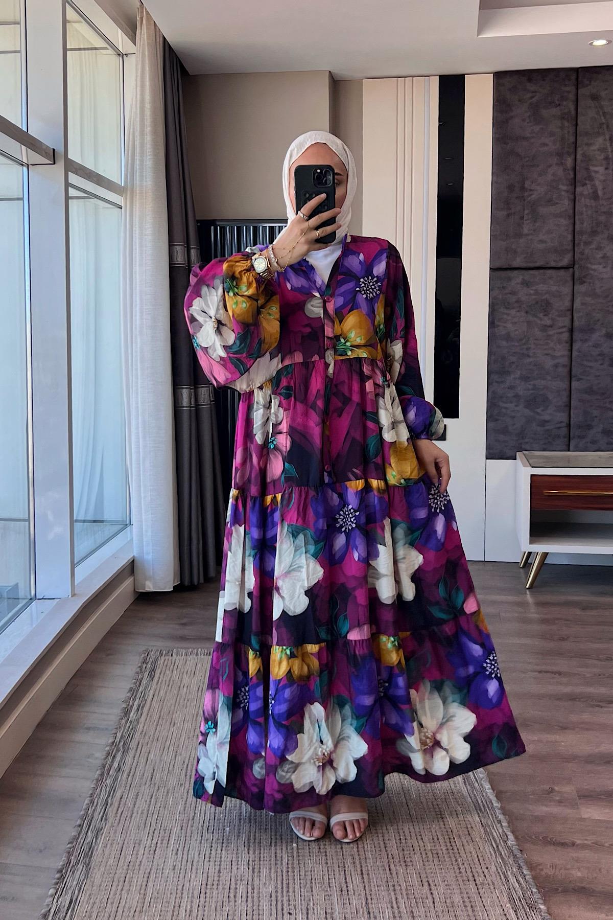 Çiçek desenli yarım patlı elbise MorDubaiShowroomELBİSELER01551