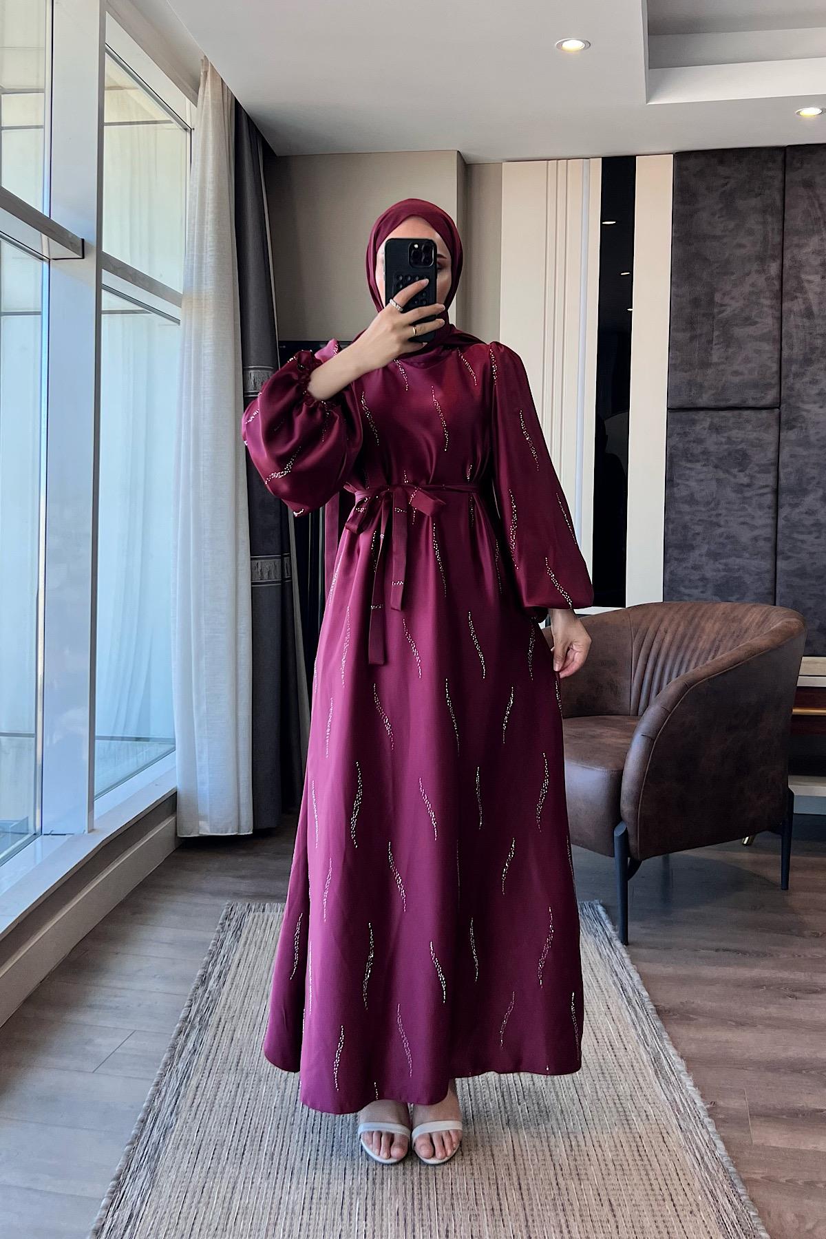 Üzeri Taş Detay Saten Elbise BordoDubaiShowroomELBİSELER01146